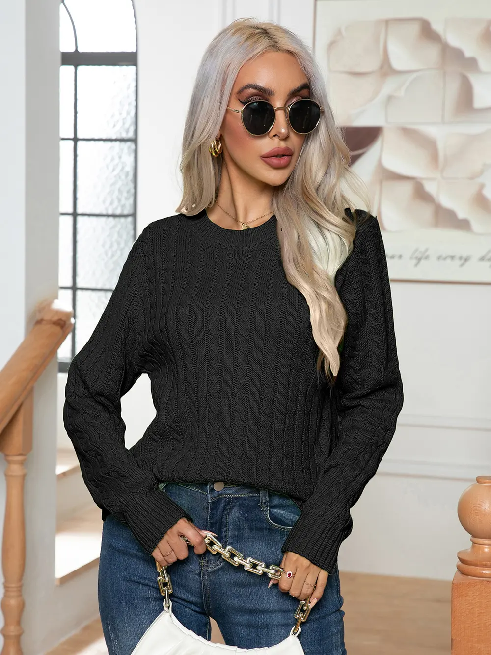 Cable-Knit Round Neck Long Sleeve Sweater, image 5