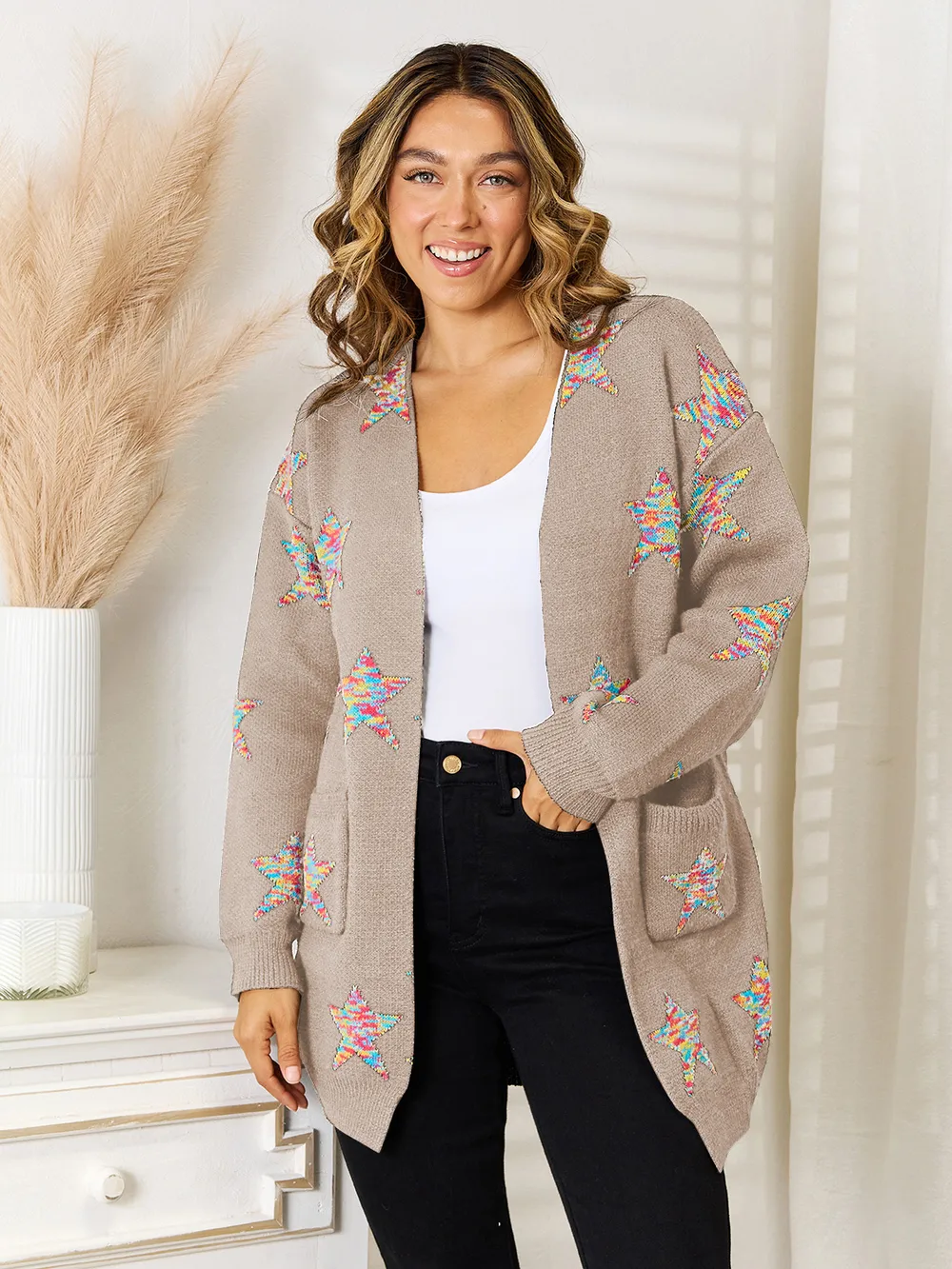 Star Pattern Open Front Cardigan with Pockets, image 4