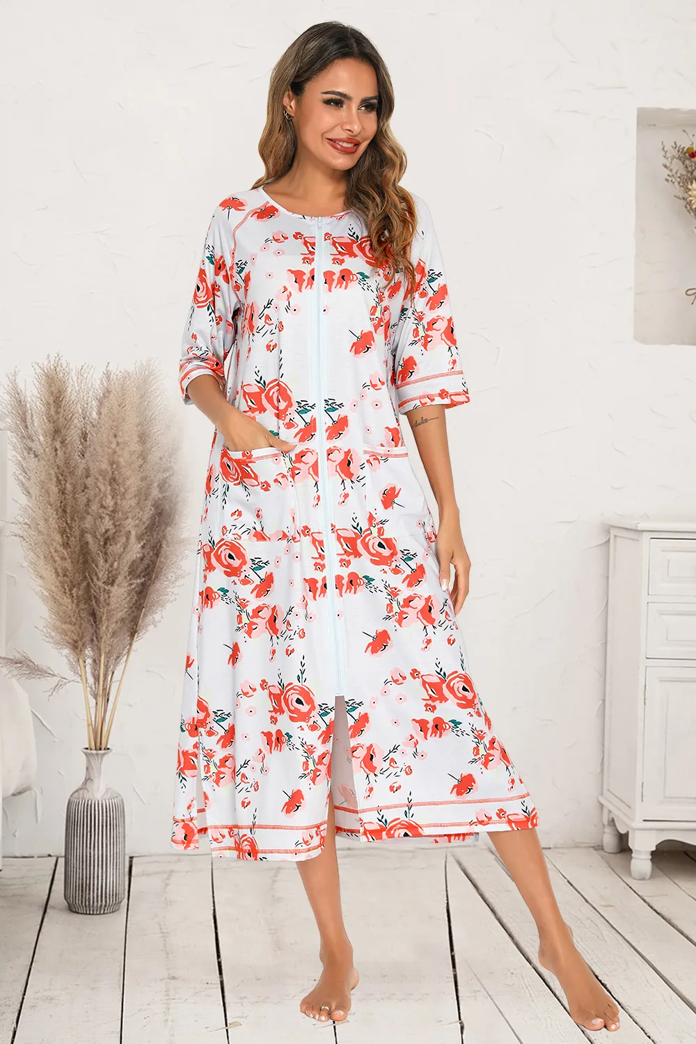 Printed Slit Night Dress with Pockets, image 2