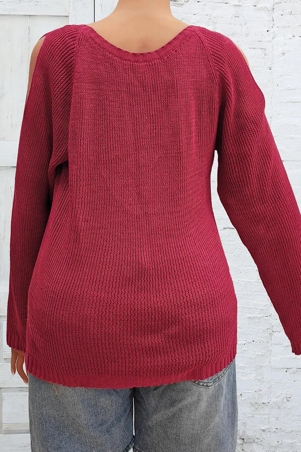 Plus Size Cold Shoulder Round Neck Sweater, image 2