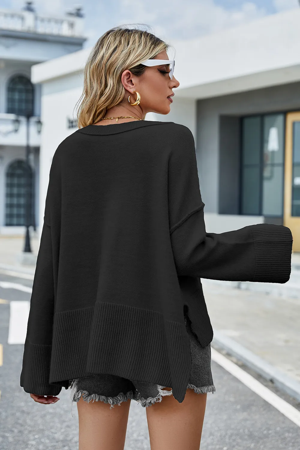 High-Low Slit Round Neck Long Sleeve Sweater, image 29