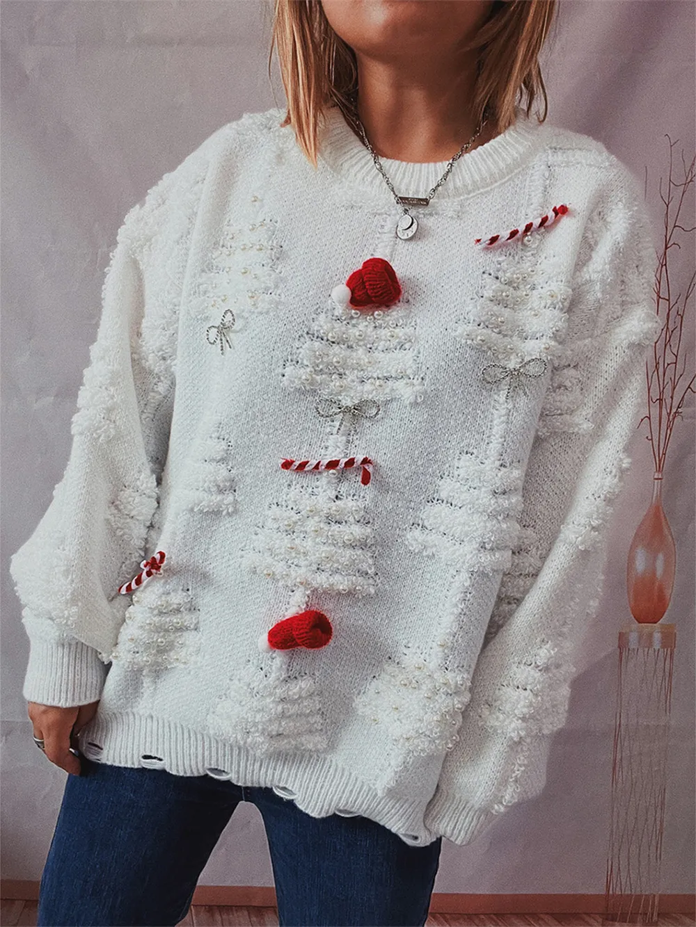 Pearl Detail Round Neck Long Sleeve Sweater, image 2
