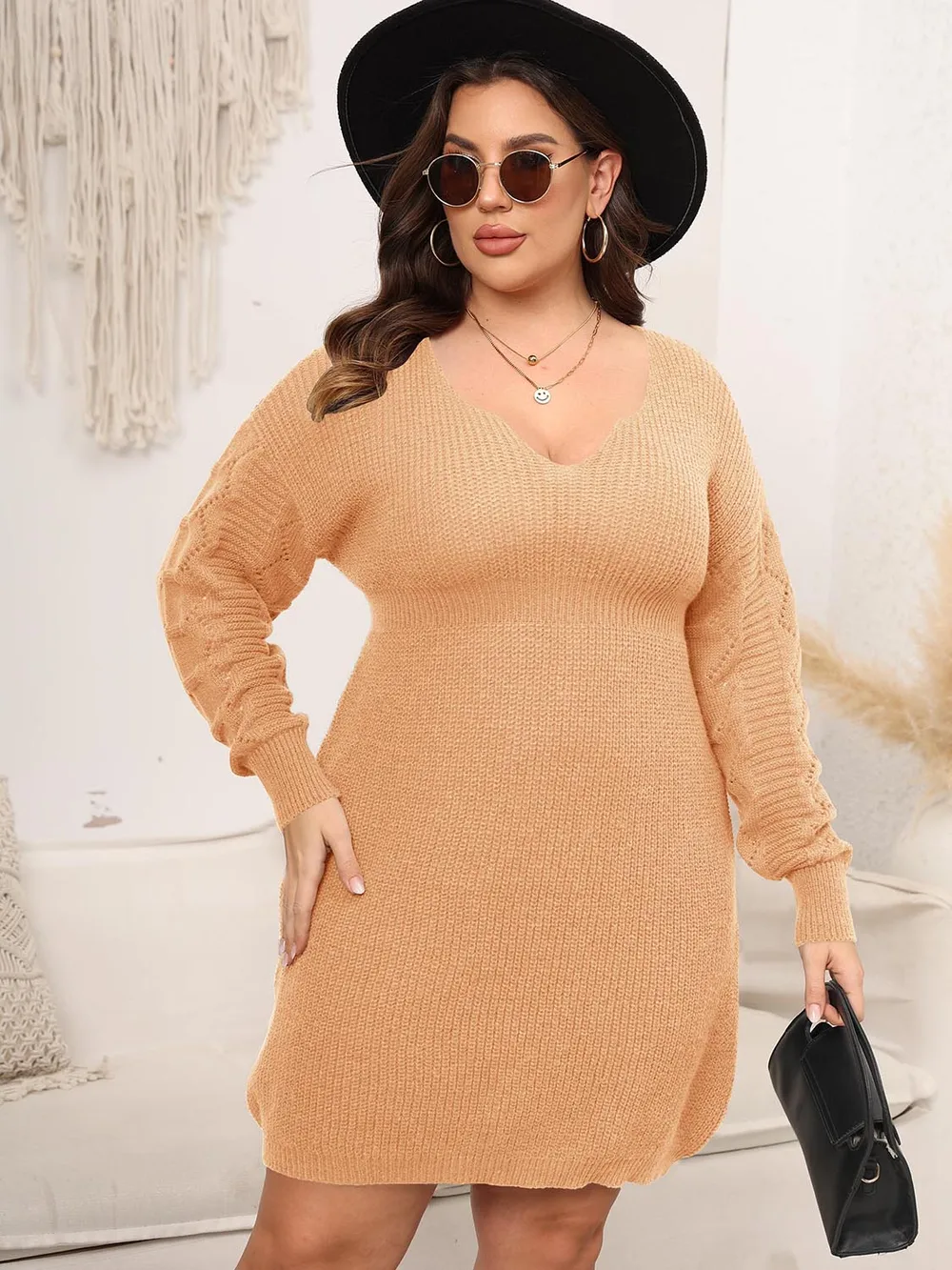 Plus Size Dropped Shoulder Long Sleeve Knit Mini Dress, image 9