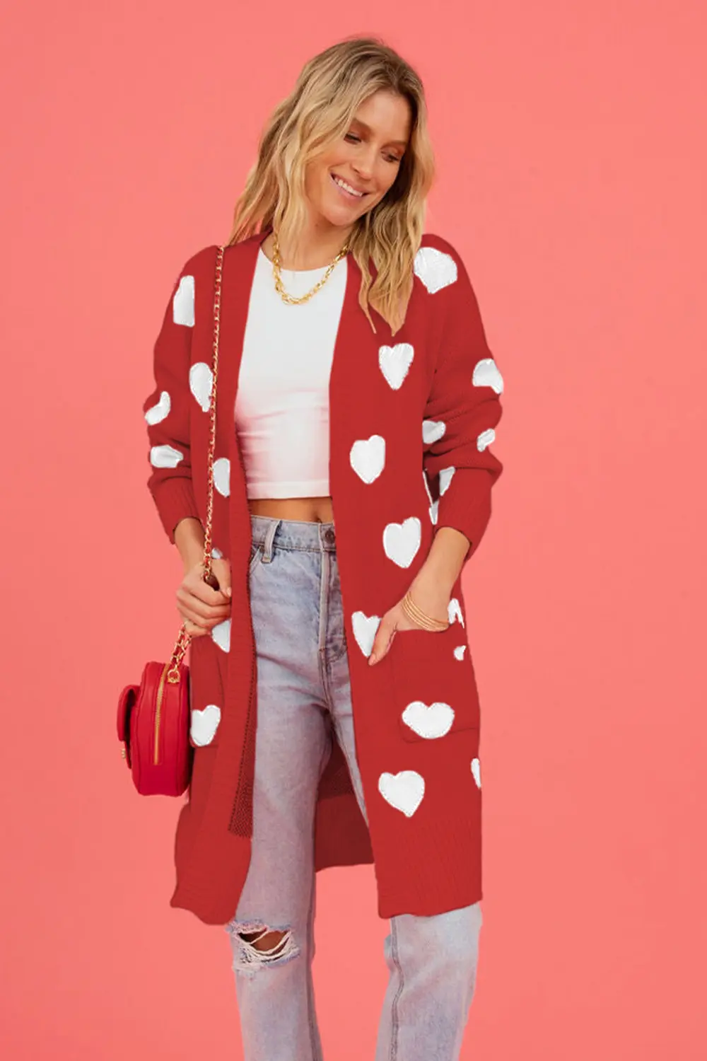 Heart Graphic Open Front Cardigan with Pockets, image 7