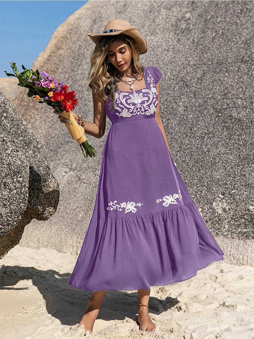 Embroidered Square Neck Ruffle Hem Dress, image 15