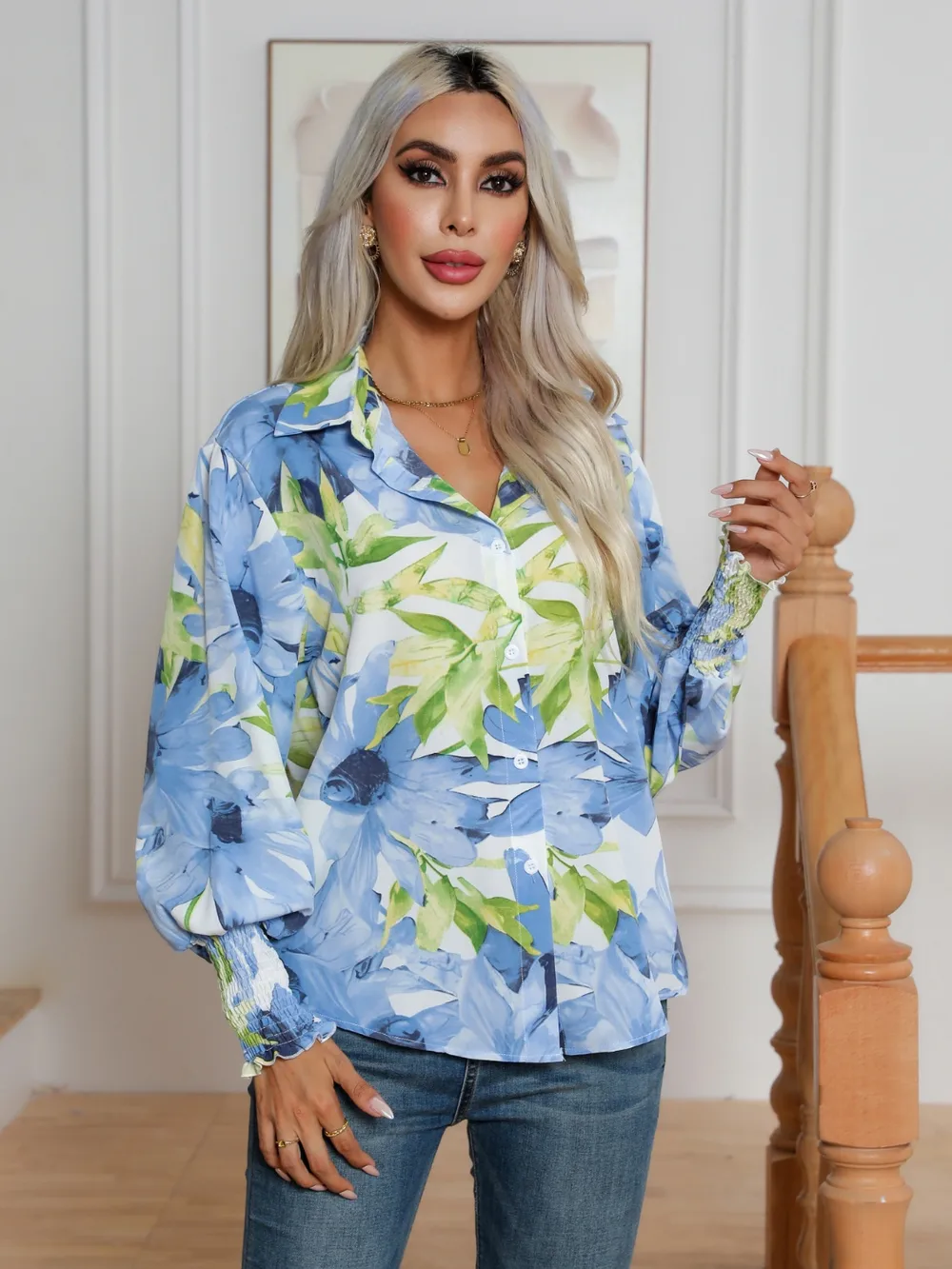 Floral Collared Neck Buttoned Shirt, image 4