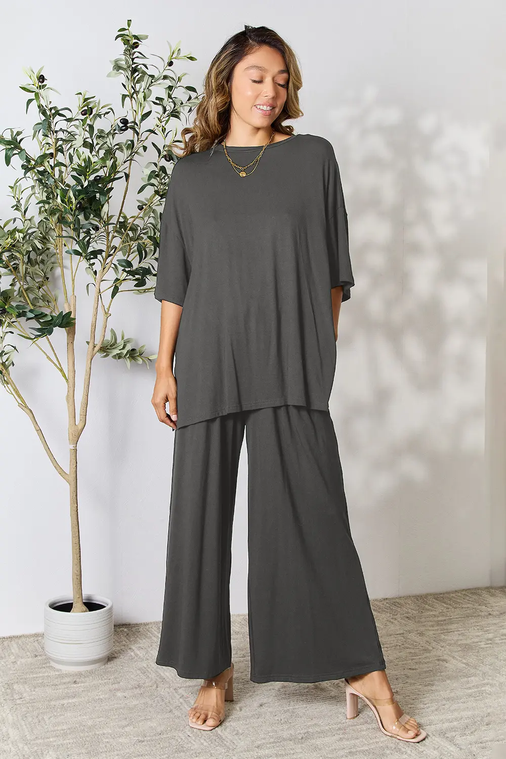 Full Size Round Neck Slit Top and Pants Set, image 29