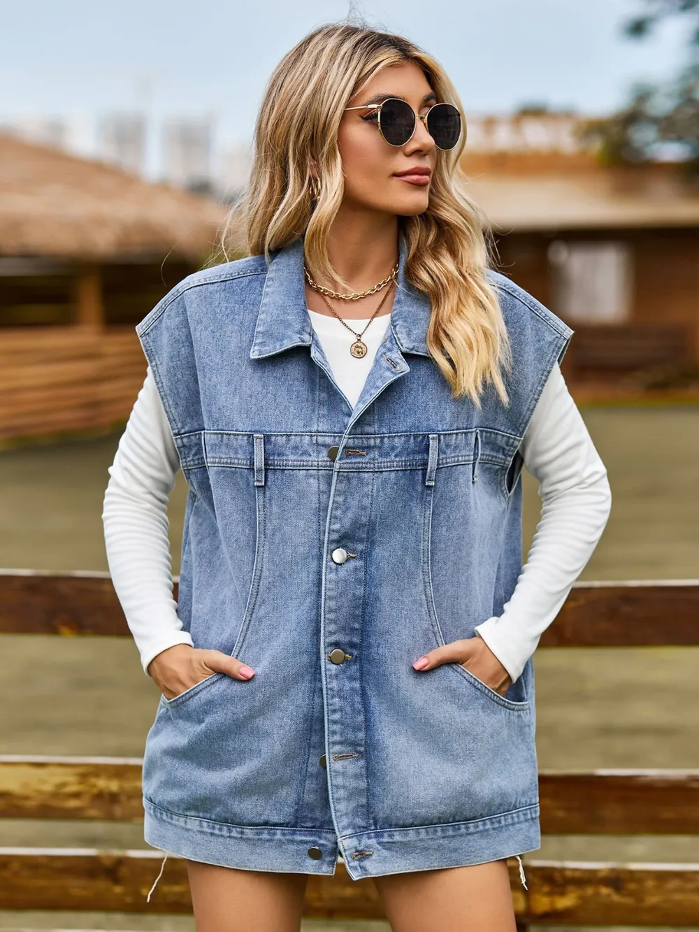 Button Up Collared Neck Sleeveless Denim Jacket, image 9