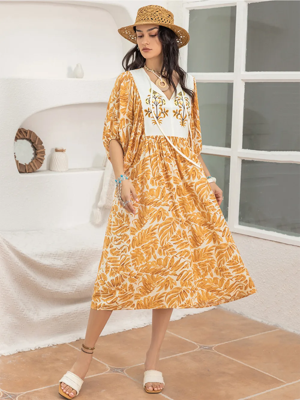 Printed Tie Neck Midi Dress, image 9