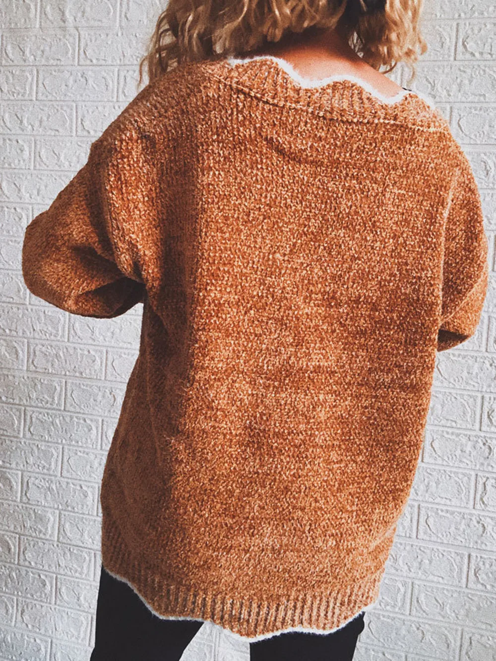 Notched Dropped Shoulder Long Sleeve Sweater, image 2