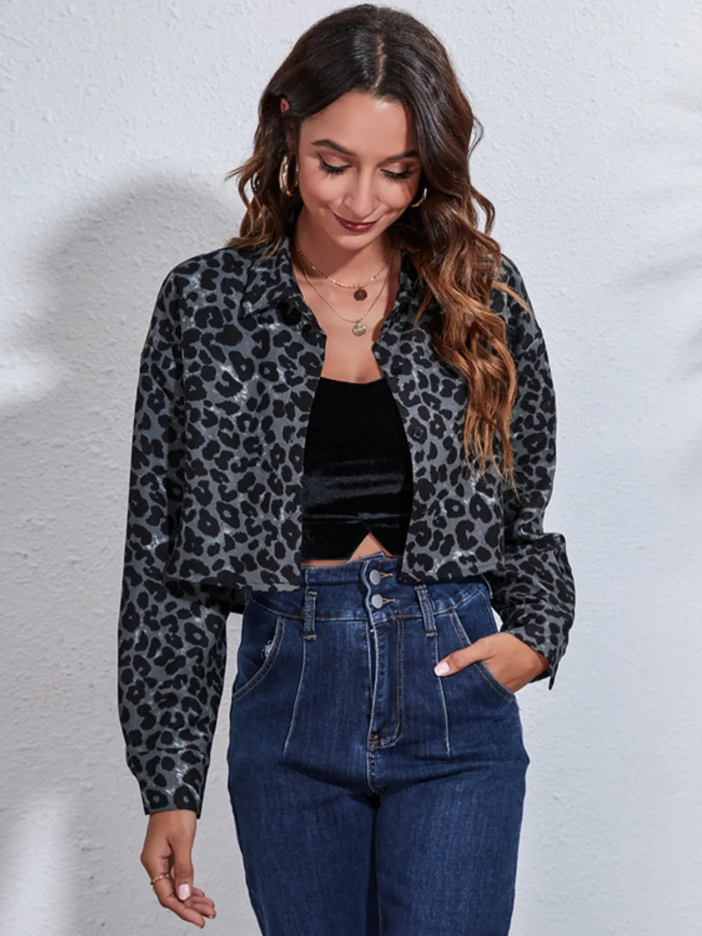 Leopard Button Up Collared Neck Cropped Jacket, image 3