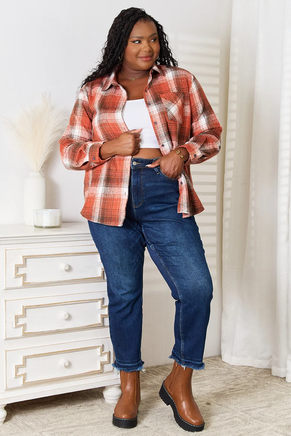 Plaid Collared Neck Long Sleeve Shirt, image 8