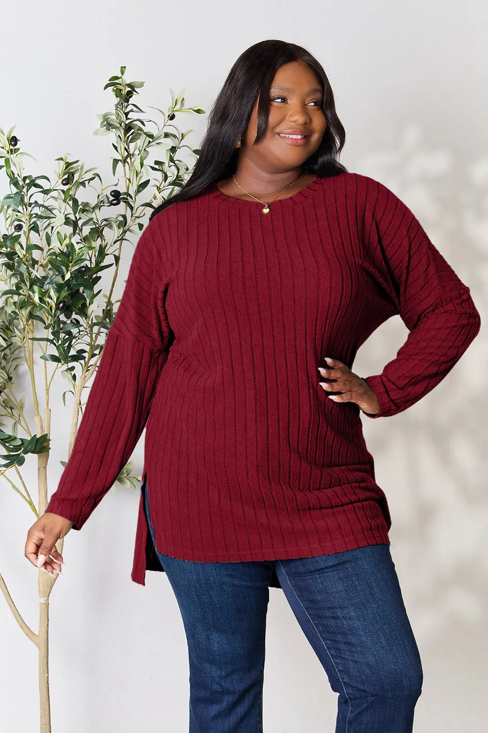 Full Size Ribbed Round Neck Long Sleeve Slit Top, image 30