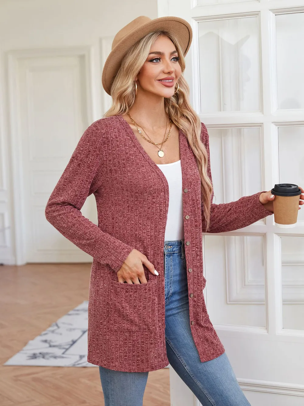 Ribbed Button Up Cardigan with Pockets, image 4