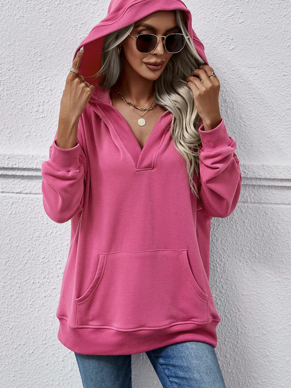 V-Neck Drop Shoulder Long Sleeve Hoodie, image 5