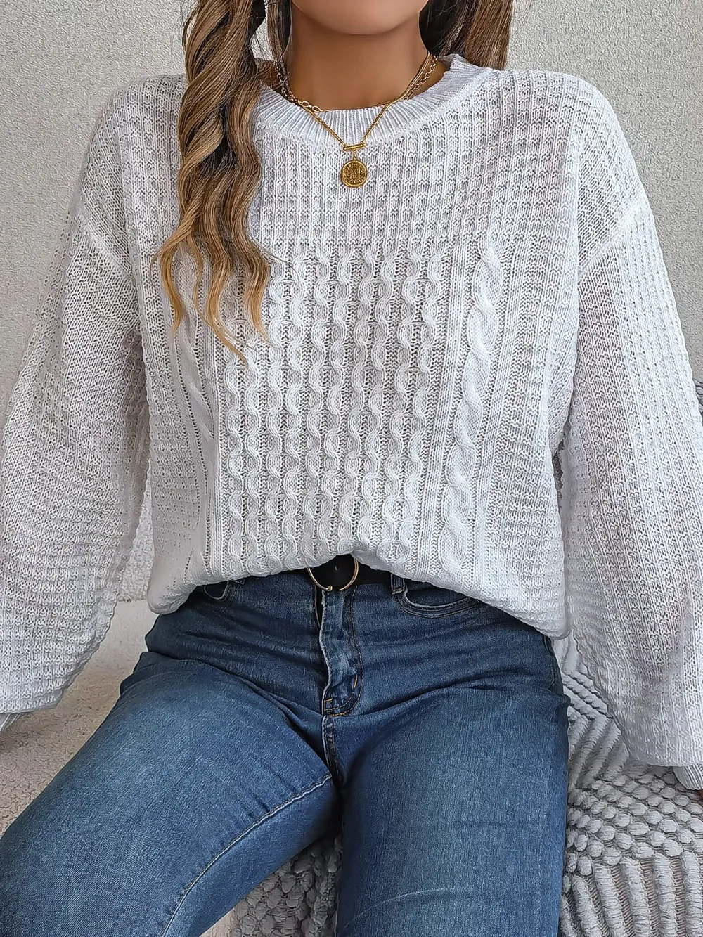 Cable-Knit Round Neck Long Sleeve Sweater, image 6