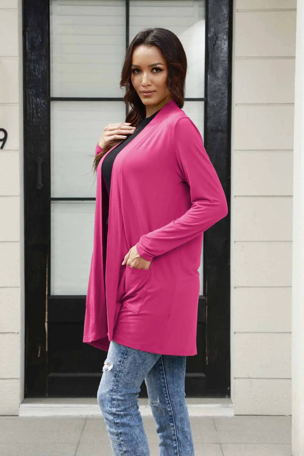 Full Size Open Front Long Sleeve Cardigan with Pockets, image 15