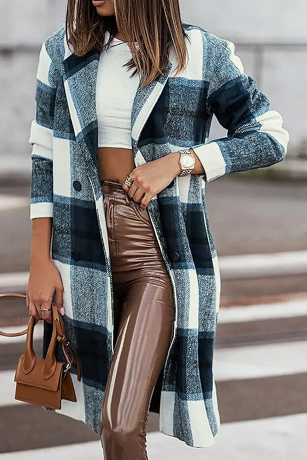 Full Size Plaid Button Up Lapel Collar Coat, image 28