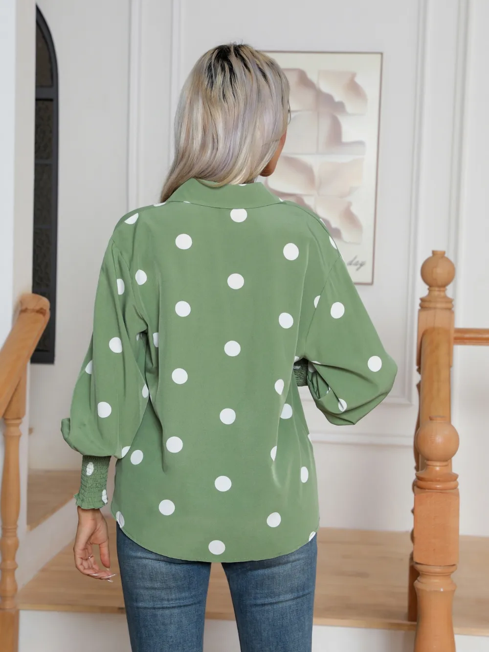 Polka Dot Collared Neck Buttoned Lantern Sleeve Shirt, image 2