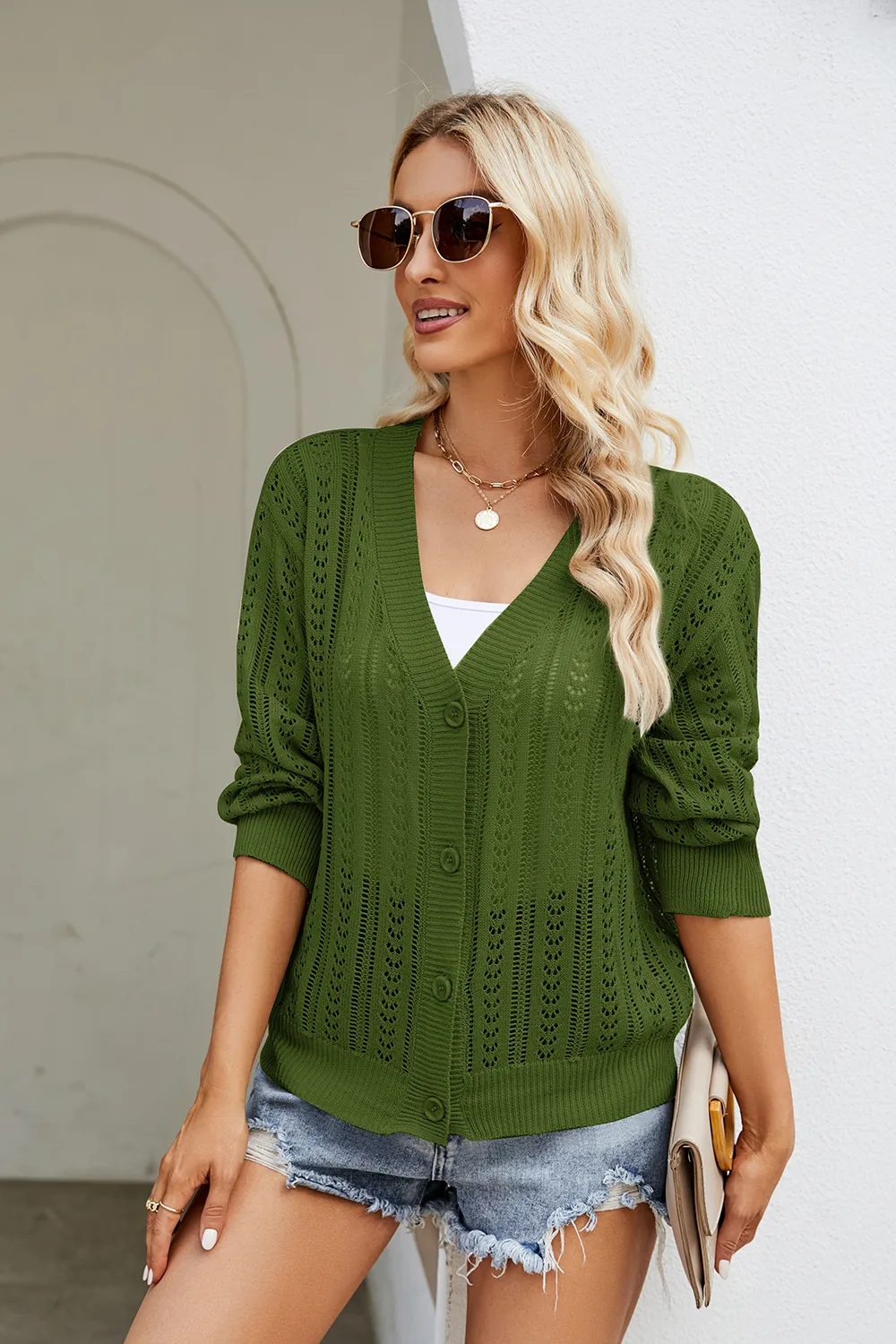 Openwork Button Front V-Neck Cardigan, image 8