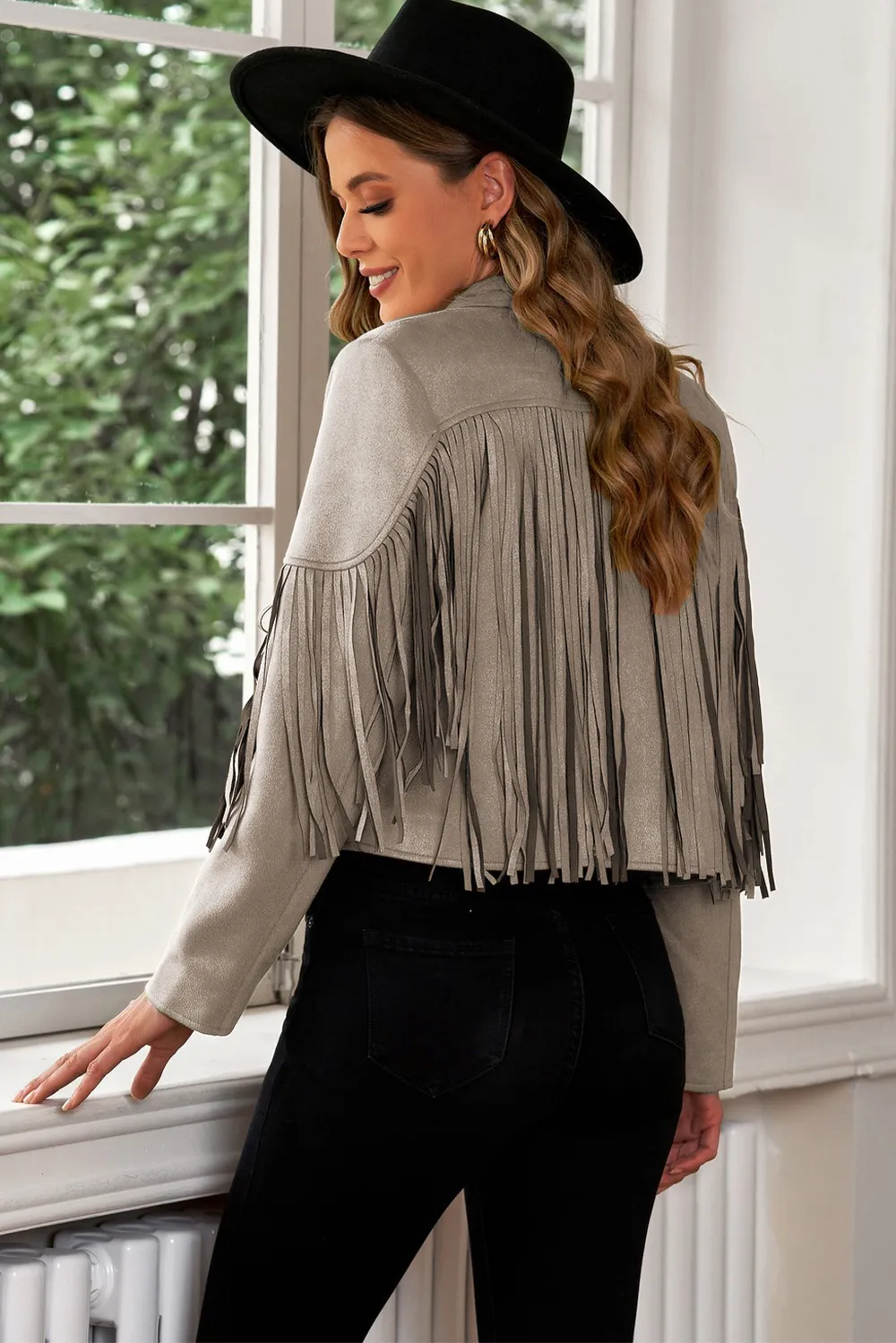 Fringe Trim Lapel Collar Cropped Blazer, image 19