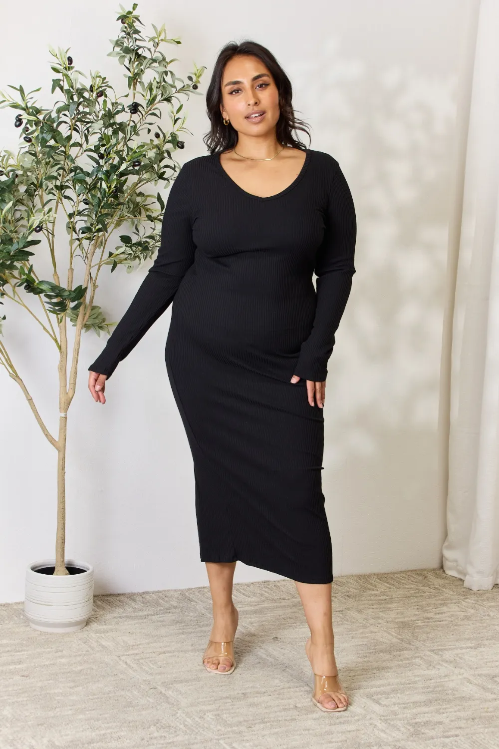 Full Size Ribbed Long Sleeve Midi Slit Dress, image 3