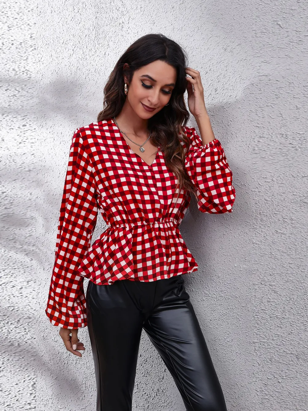 Plaid V-Neck Balloon Sleeve Peplum Blouse, image 4