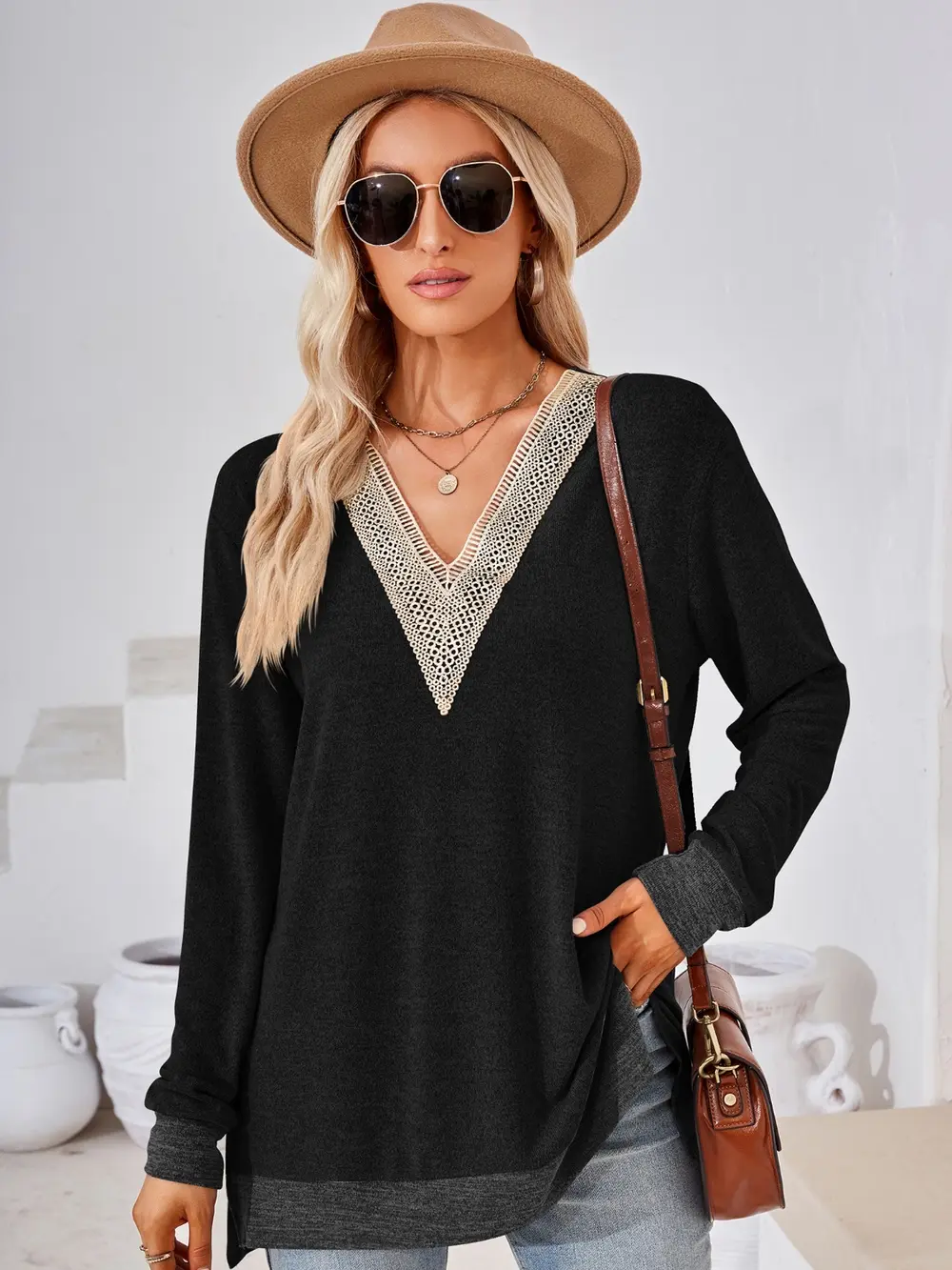 Crochet Contrast V-Neck Long Sleeve Slit T-Shirt, image 8