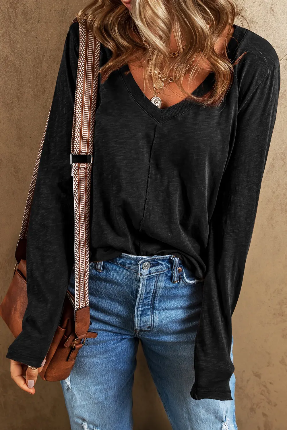Exposed Seam V-Neck Long Sleeve T-Shirt, image 12