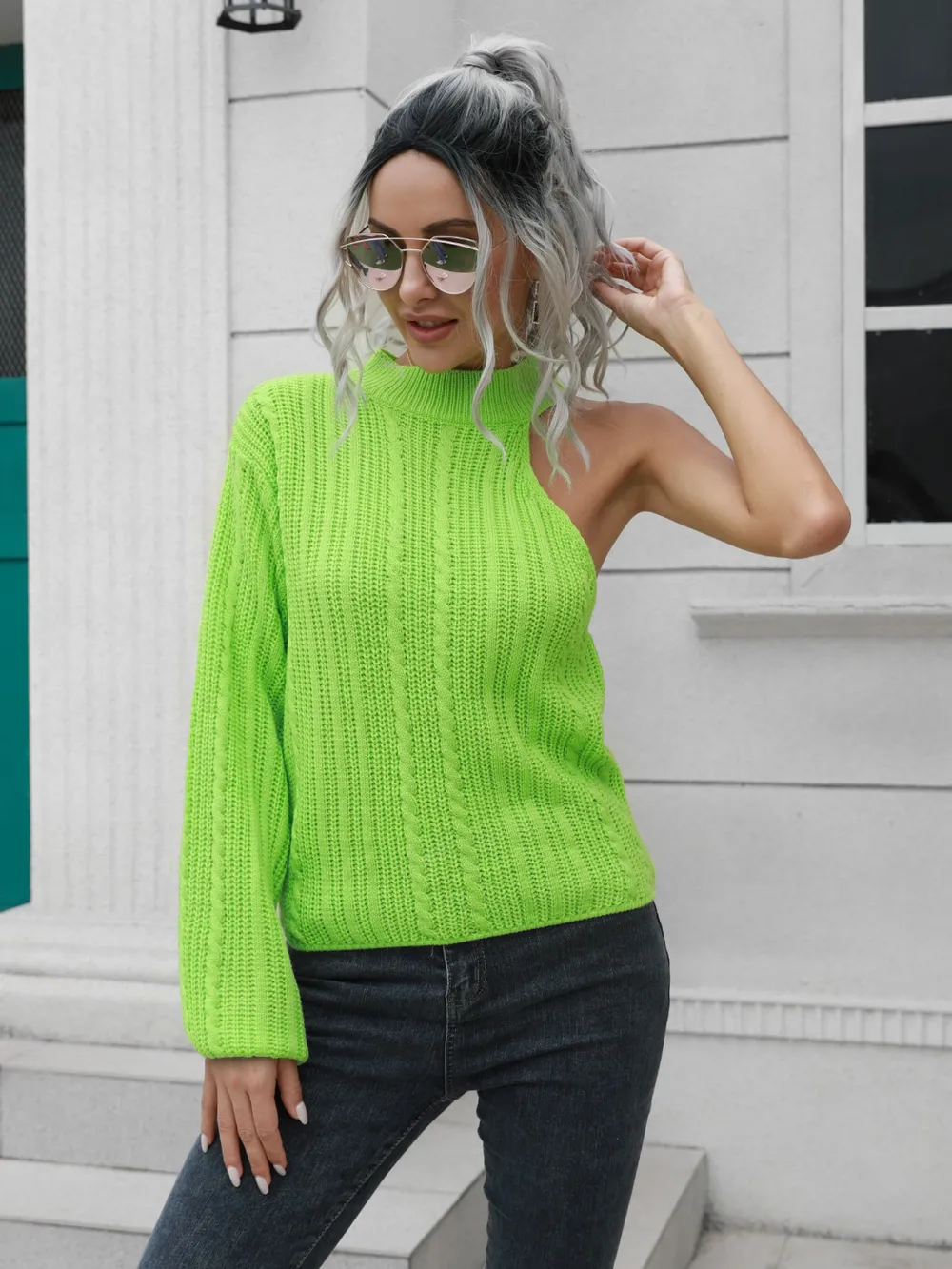 Cable-Knit Round Neck Asymmetrical Sweater, image 7