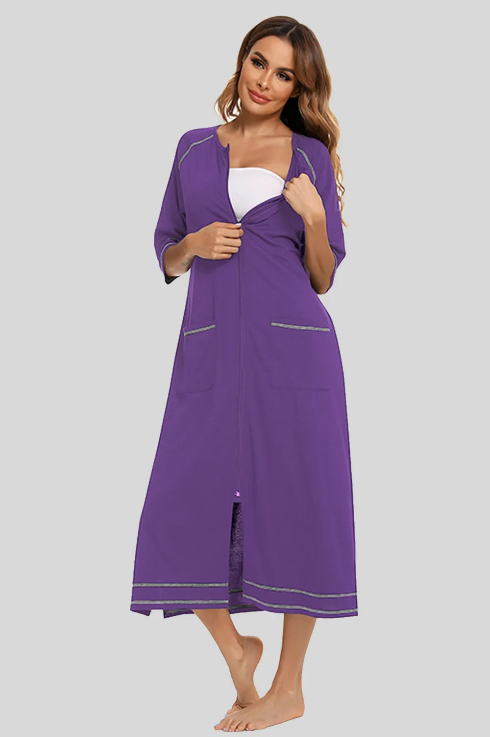 Zip Up Slit Round Neck Night Dress with Pockets, image 11