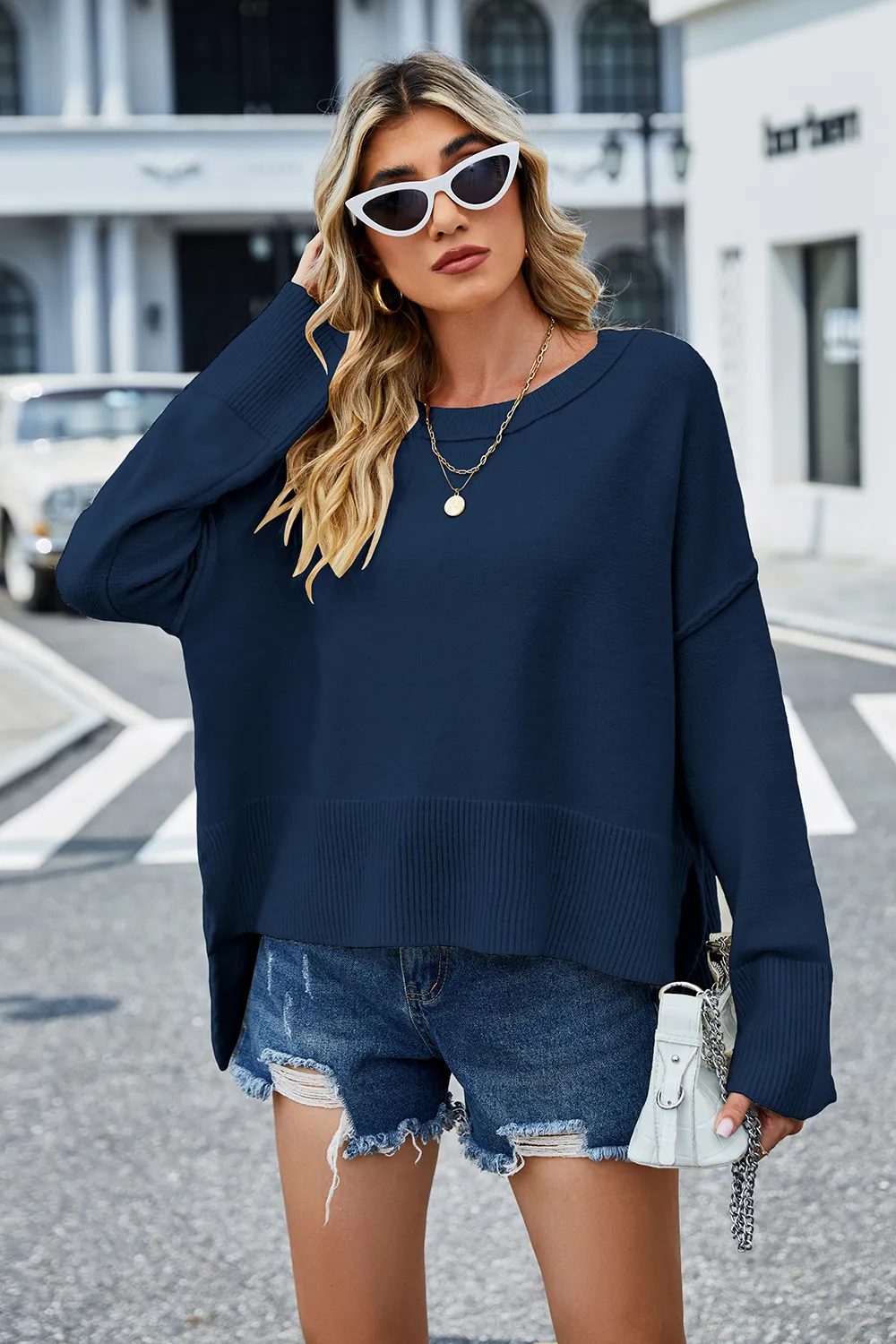 High-Low Slit Round Neck Long Sleeve Sweater, image 19
