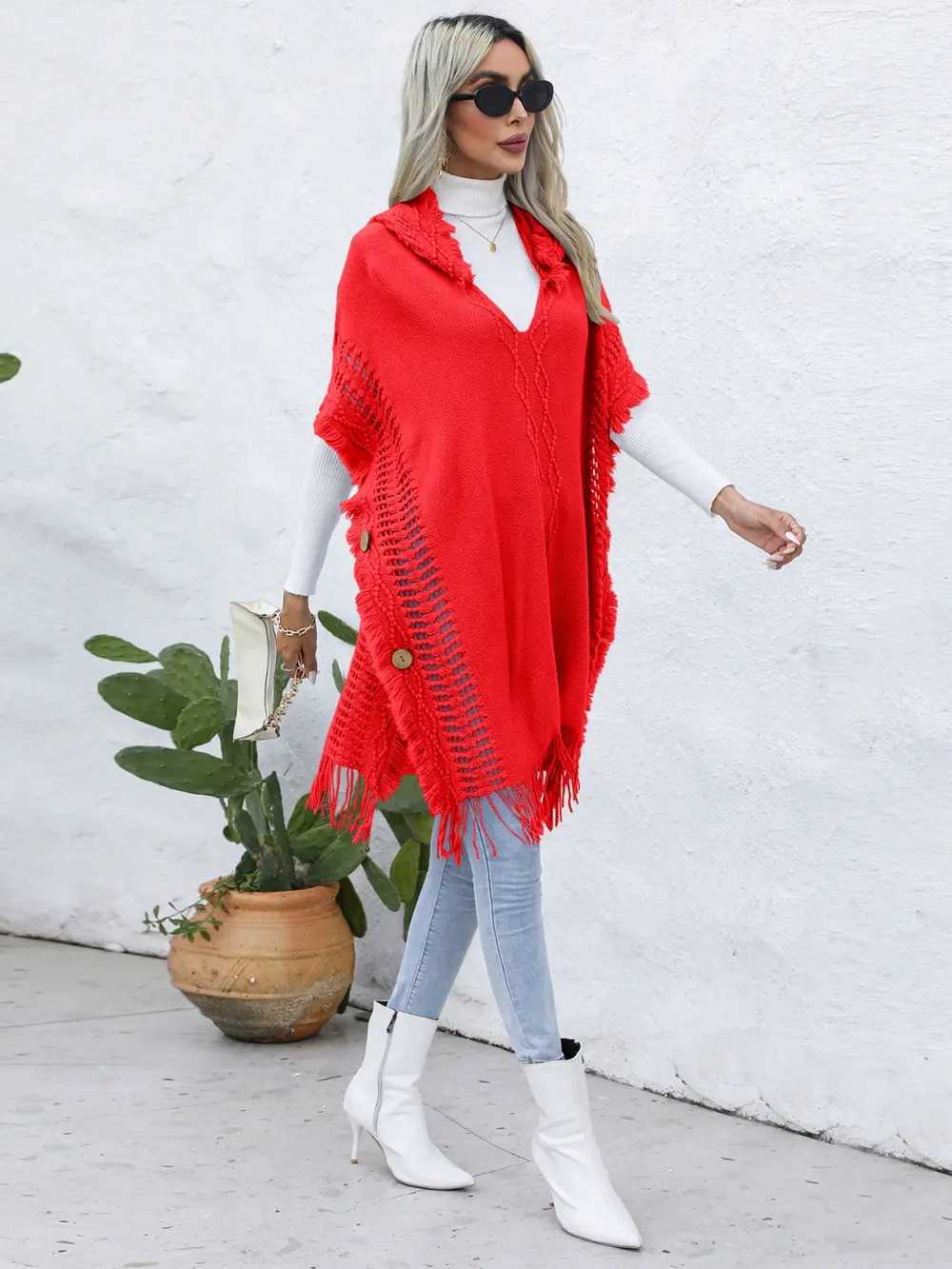 Fringe Trim Buttoned Hooded Poncho, image 14