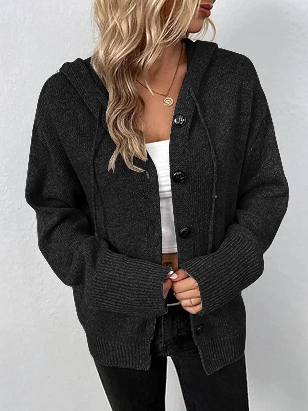 Button Up Drawstring Long Sleeve Hooded Cardigan, image 6