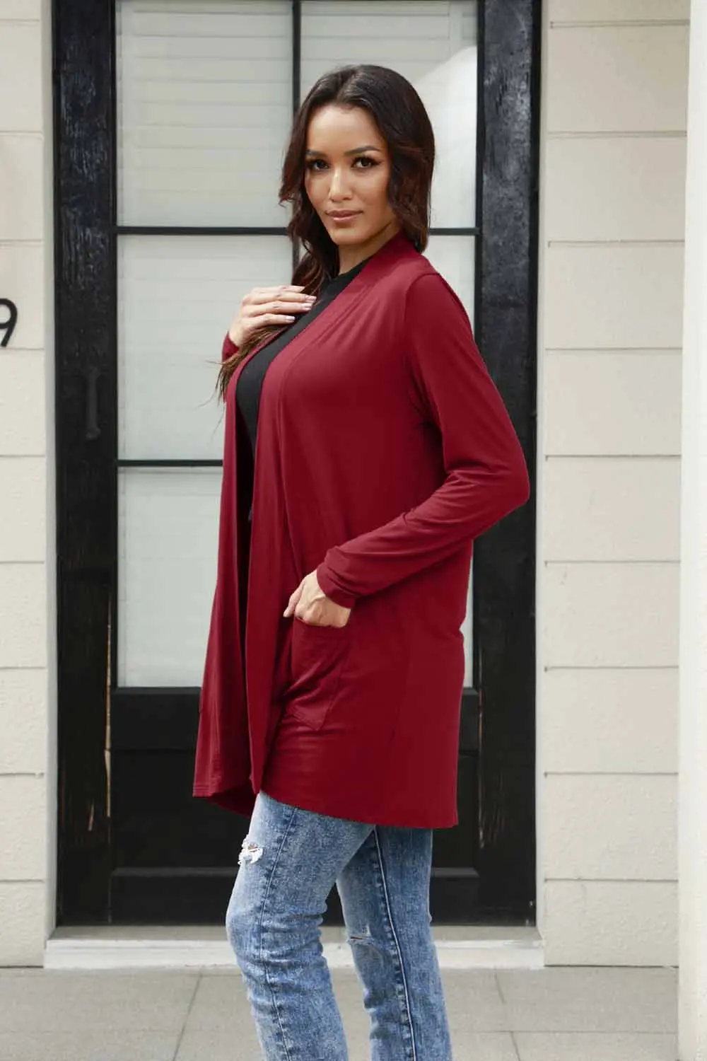 Full Size Open Front Long Sleeve Cardigan with Pockets, image 6