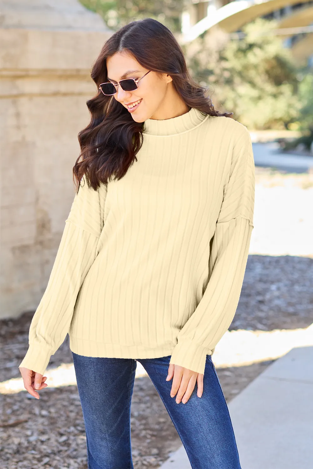 Full Size Ribbed Exposed Seam Mock Neck Knit Top, image 14