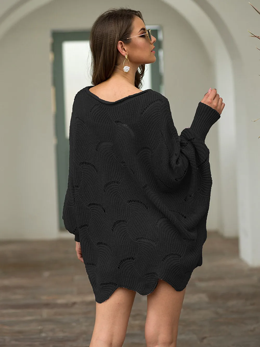 Full Size Boat Neck Lantern Sleeve Openwork Knit Top, image 15