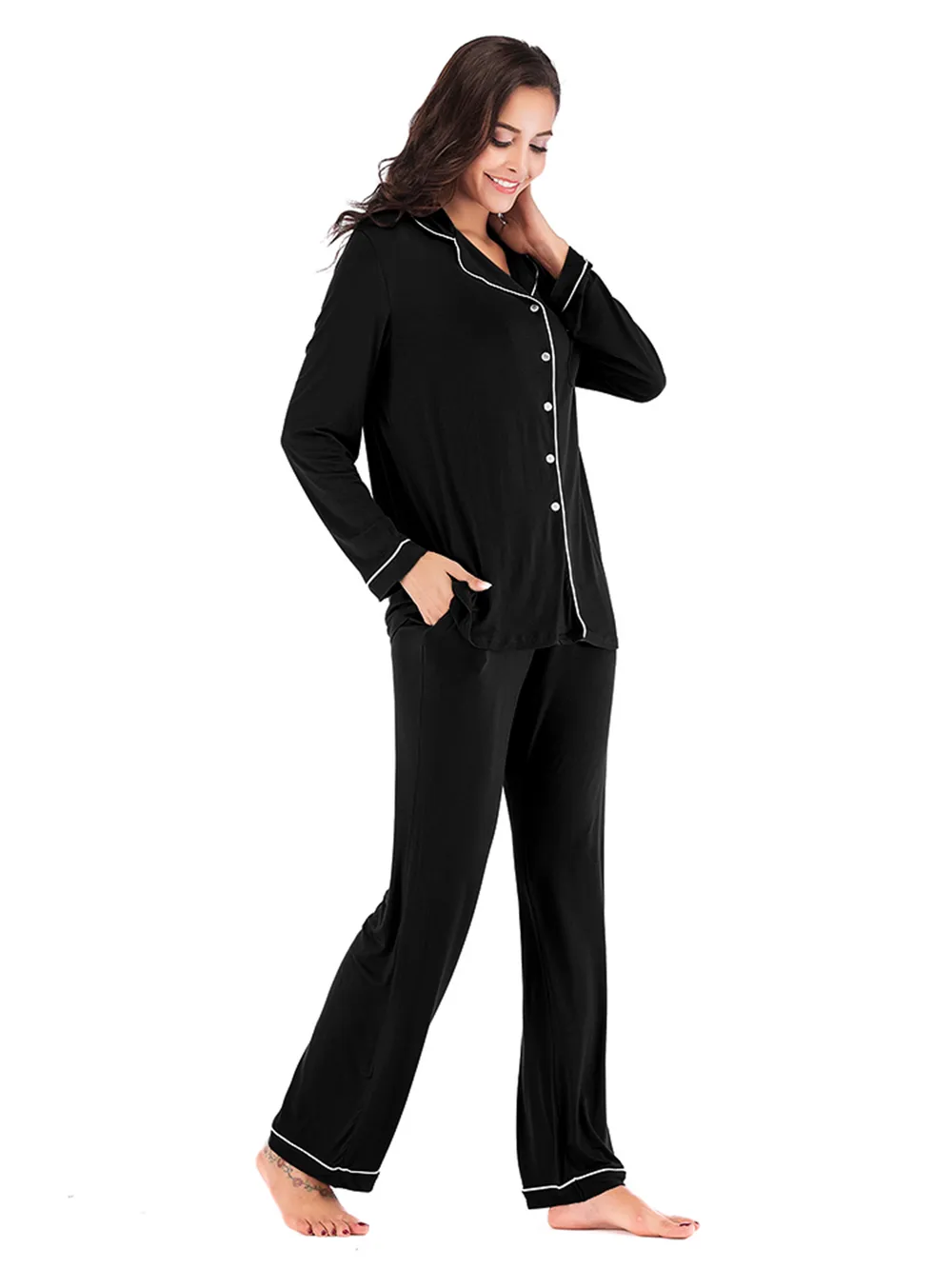 Collared Neck Long Sleeve Loungewear Set with Pockets, image 14