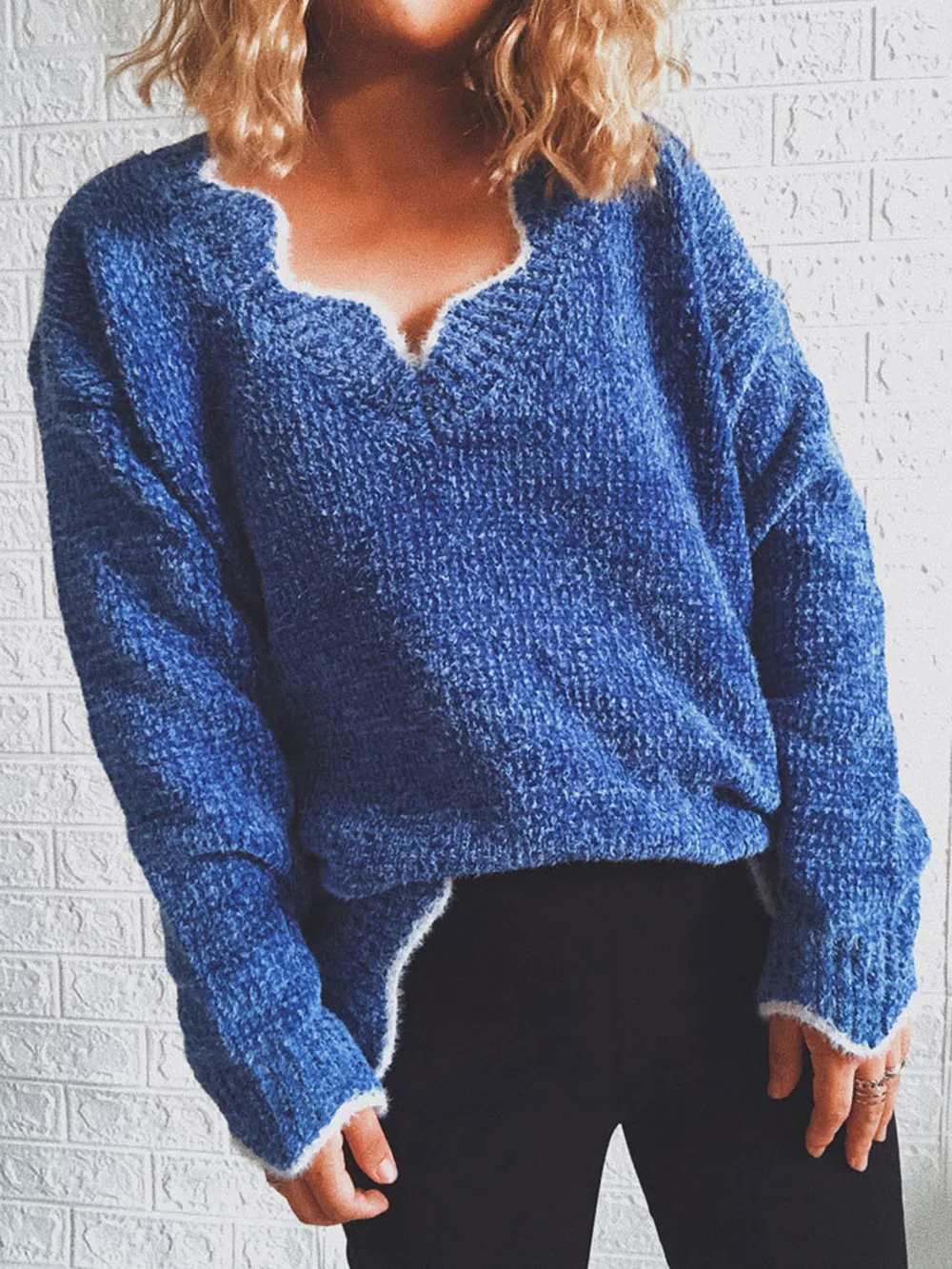 Notched Dropped Shoulder Long Sleeve Sweater, image 8