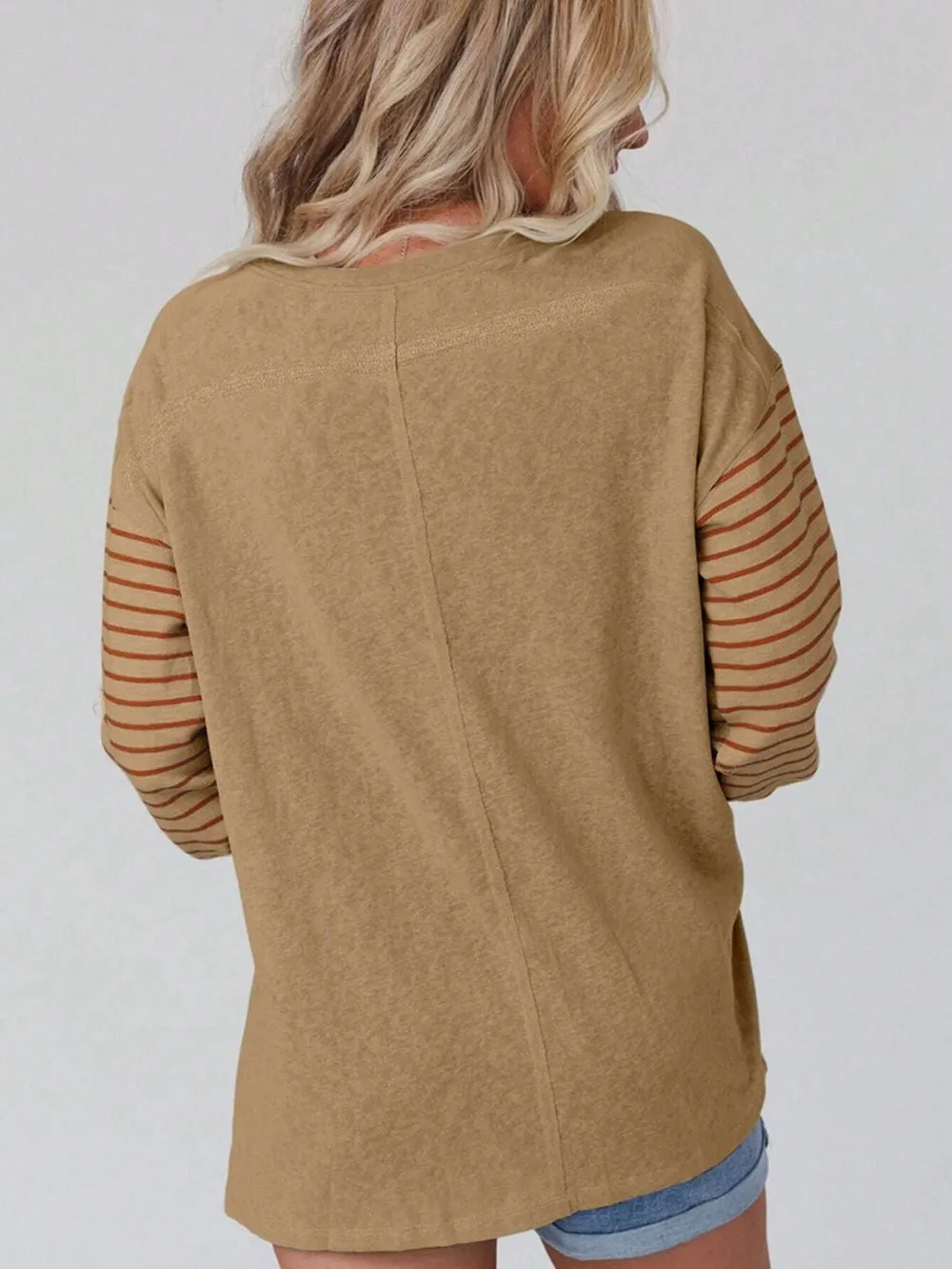 Round Neck Striped Long Sleeve Slit T-Shirt, image 15