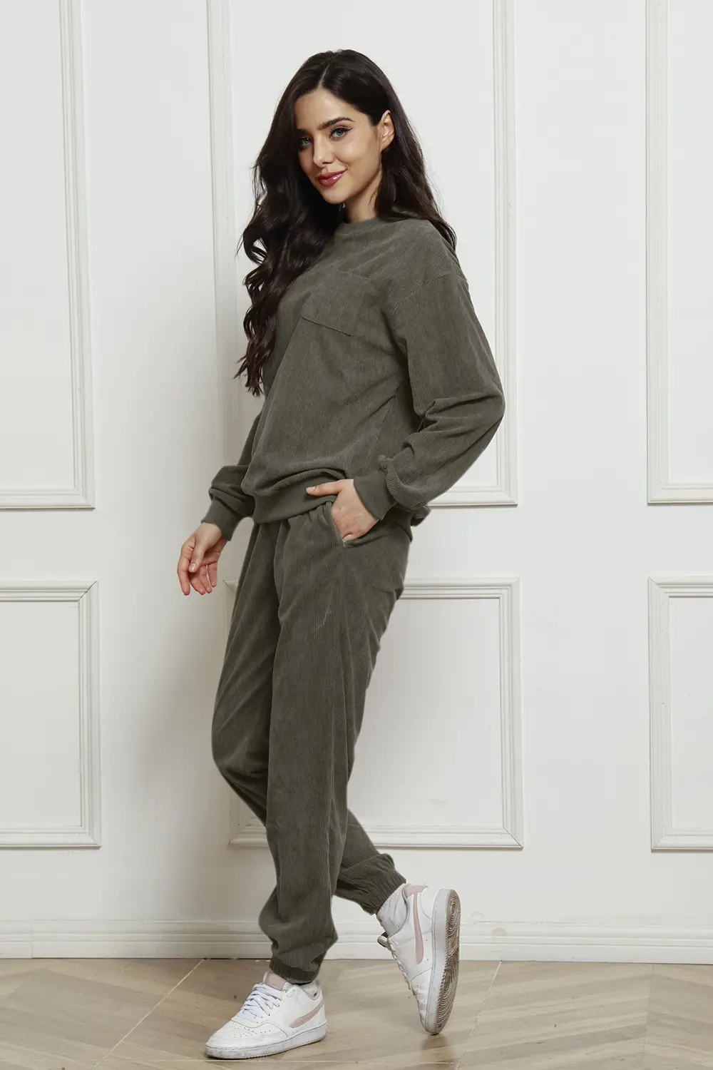 Corduroy Round Neck Sweatshirt and Sweatpants Set, image 17
