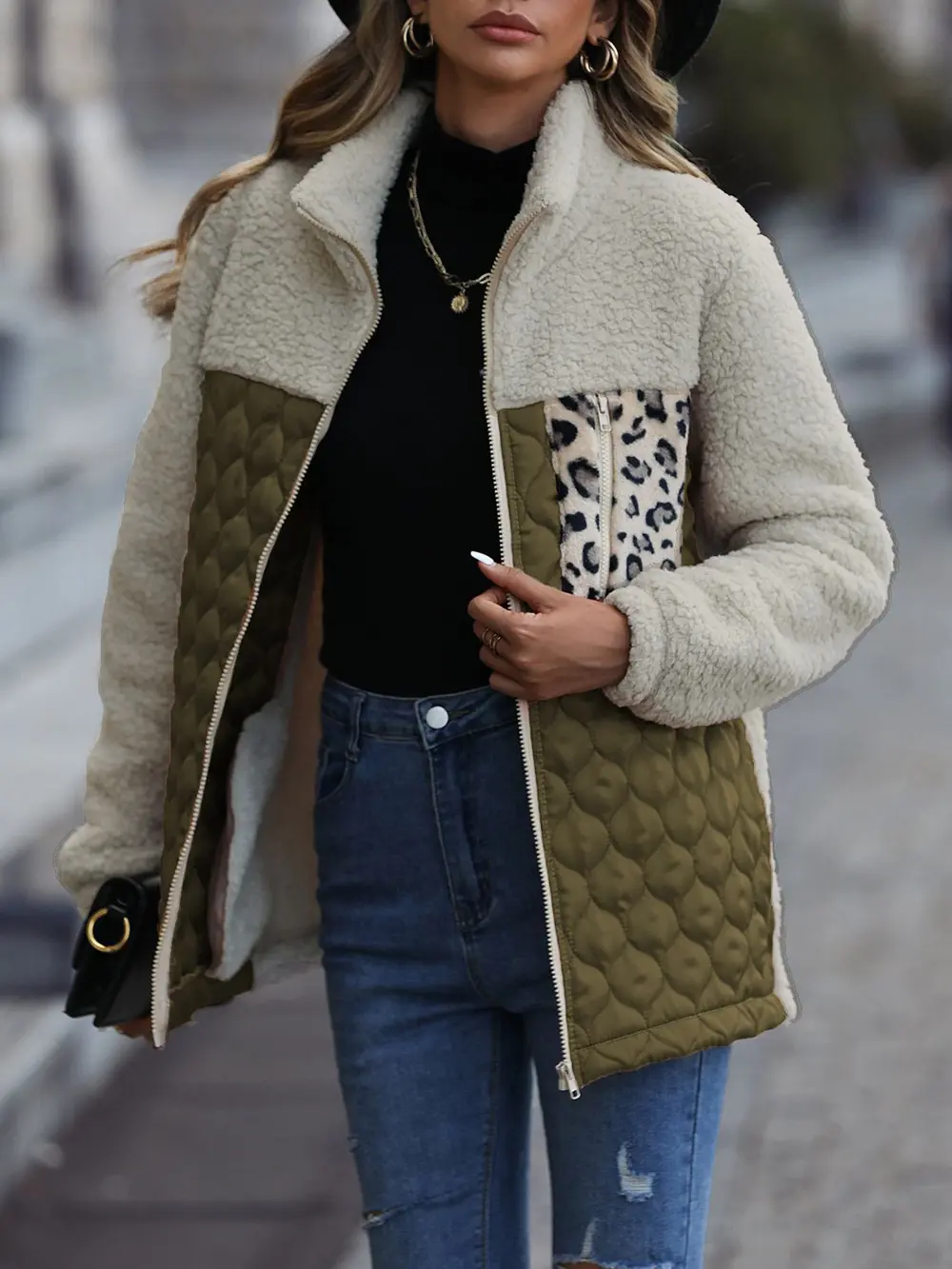 Leopard Color Block Zip-Up Jacket, image 6