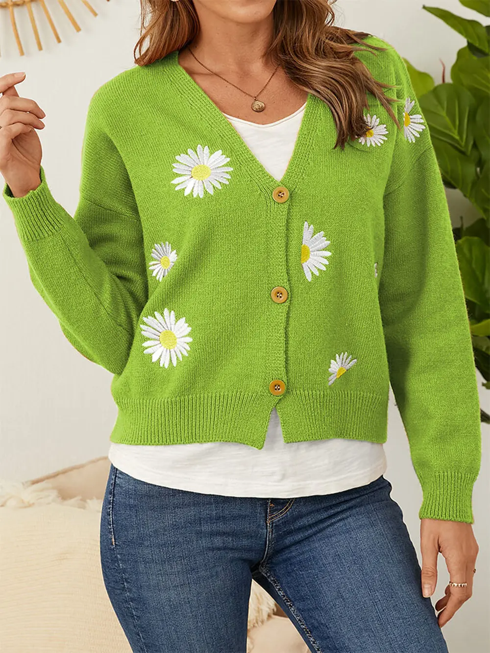 Flower Button Front Dropped Shoulder Cardigan, image 4