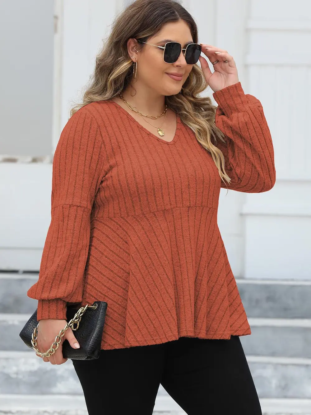 Plus Size Ribbed V-Neck Long Sleeve Blouse, image 11