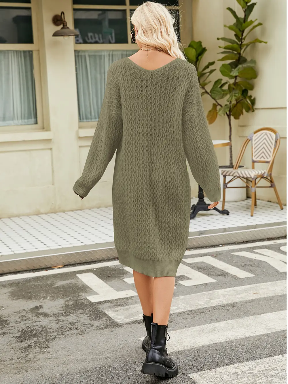 V-Neck Long Sleeve Sweater Dress, image 3