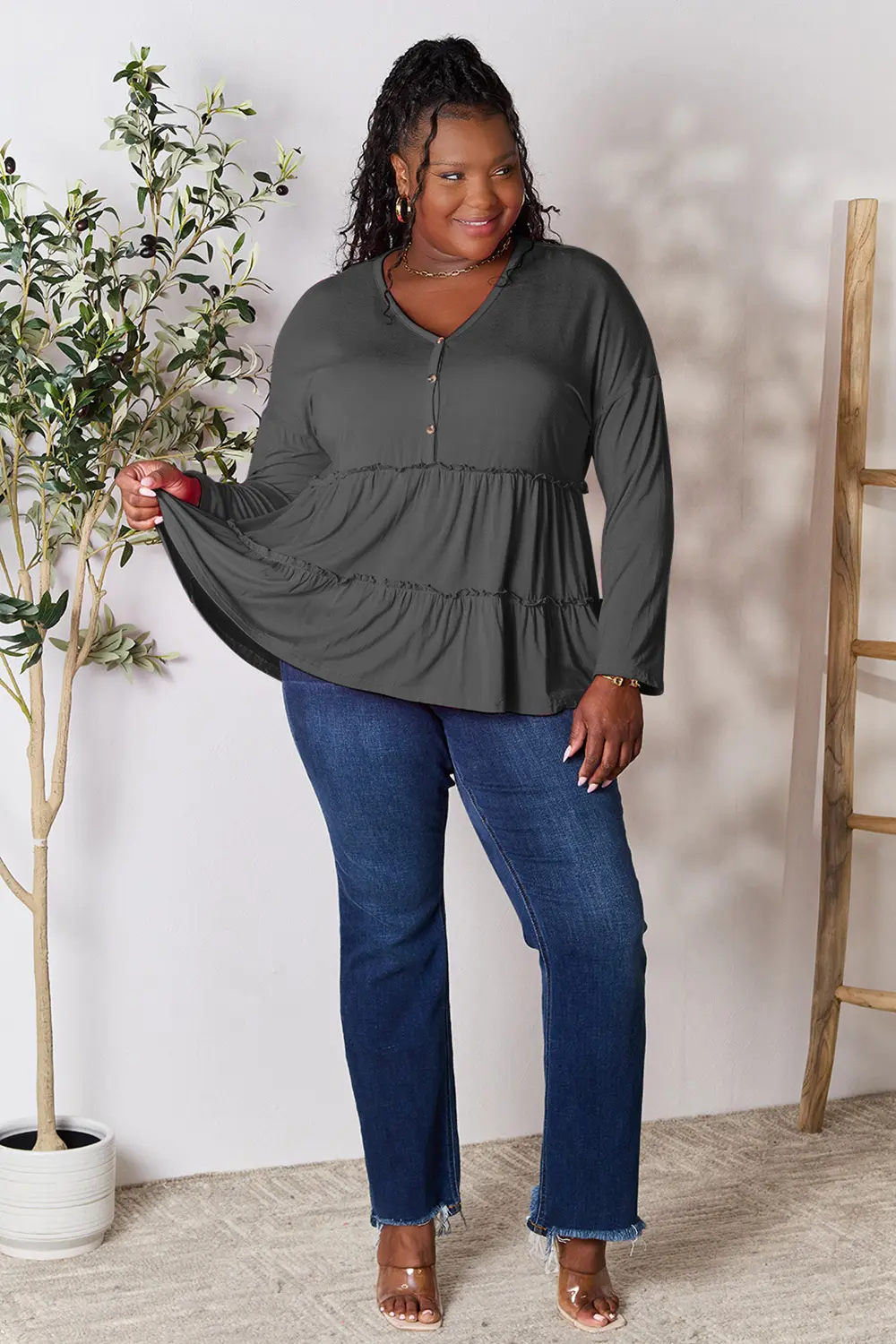 Half Button Long Sleeve Ruffle Hem Blouse, image 30