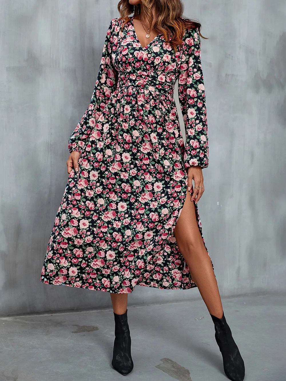 Floral V-Neck Slit Midi Dress, image 4