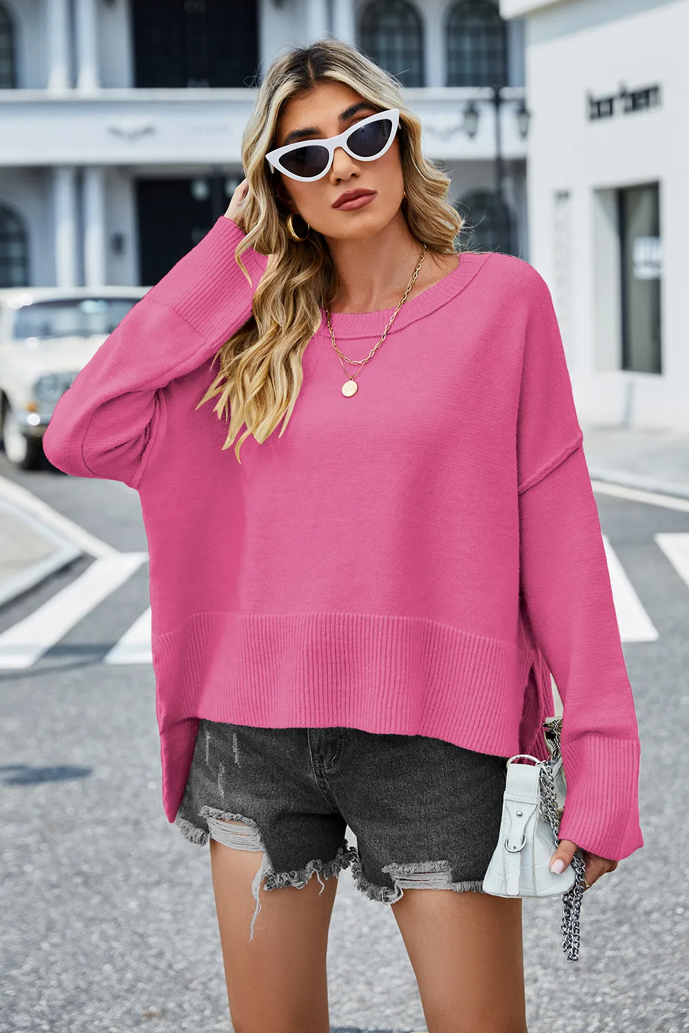 High-Low Slit Round Neck Long Sleeve Sweater, image 6