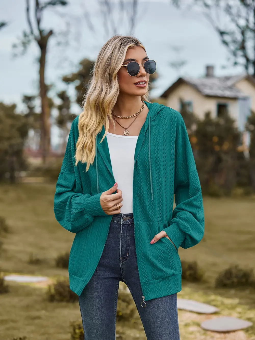 Zip Up Drawstring Long Sleeve Hooded Jacket, image 21