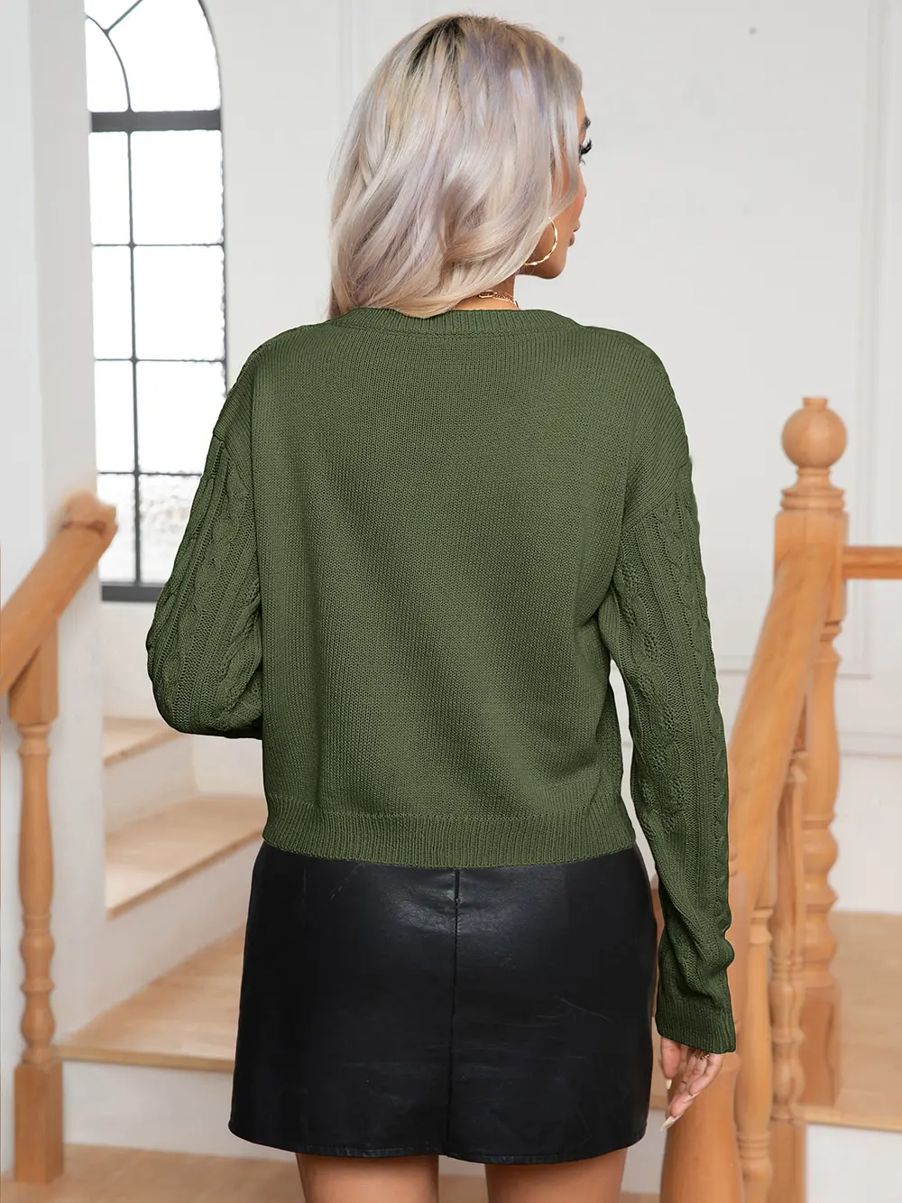Cable-Knit Round Neck Long Sleeve Sweater, image 6